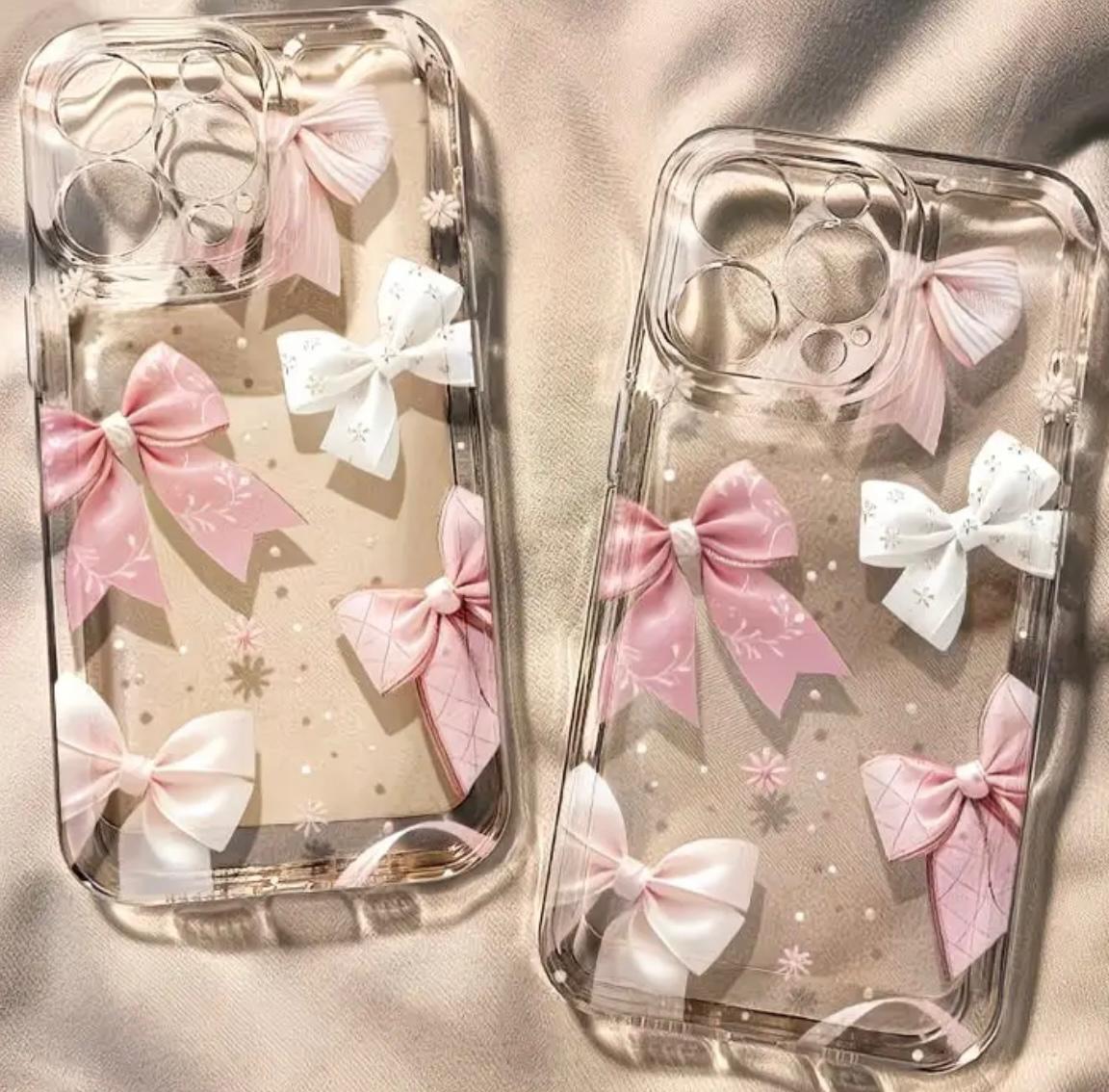 Pink and White Bow Pattern Phone Case, Suitable for iPhone 16, 16 Pro Max, 13, 14, 15, 15 Pro, 15 Pro Max, 16 Pro, XS Max, XR. Classic Transparent Color, Simple and Versatile, Lightweight, Shockproof, Stylish, Cute, and Durable Protective
