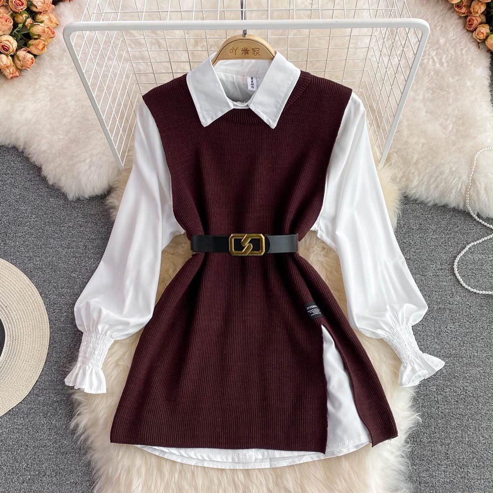 Elegant Women's Color Block Vest Shirt Set In Polyester With Shirt Collar And Long Sleeves For Casual Wear