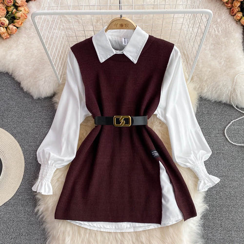Elegant Women's Color Block Vest Shirt Set In Polyester With Shirt Collar And Long Sleeves For Casual Wear