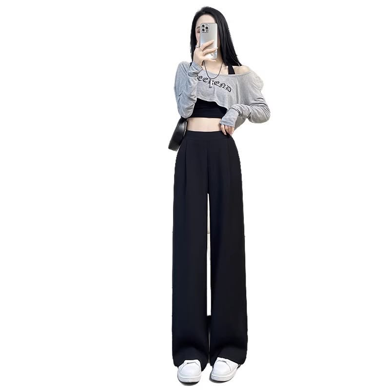 Women's Casual Straight Pants In Polyester Fabric With Micro-Elastic For Elegant Commuting Style