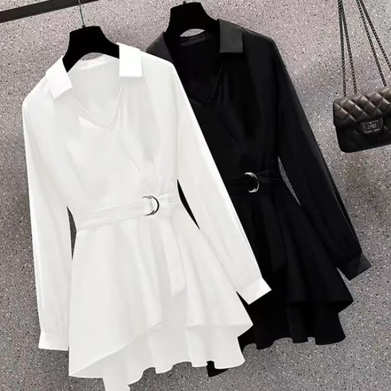 Solid Color Long Sleeve Polyester Shirt For Women With Polo Collar And Pullover Design, Elegant Commuter Style