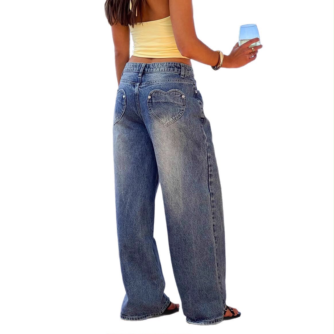Vintage Style Heart Shape Wide Leg Full Length Pants For Women In Washed Denim Cotton Fabric