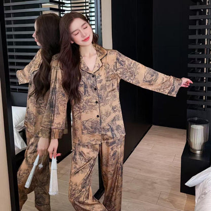 Women's Chinoiserie Pant Co-Ord Set In Imitated Silk Featuring Elaborate Printing, Ideal For Pajamas