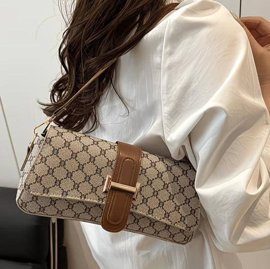 Vintage Geometric Print Baguette Bag for Women, Retro Brown Trim Shoulder Crossbody Bag, Minimalist Flap Handbag