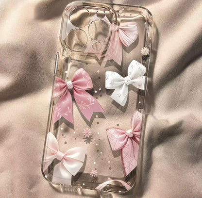 Pink and White Bow Pattern Phone Case, Suitable for iPhone 16, 16 Pro Max, 13, 14, 15, 15 Pro, 15 Pro Max, 16 Pro, XS Max, XR. Classic Transparent Color, Simple and Versatile, Lightweight, Shockproof, Stylish, Cute, and Durable Protective