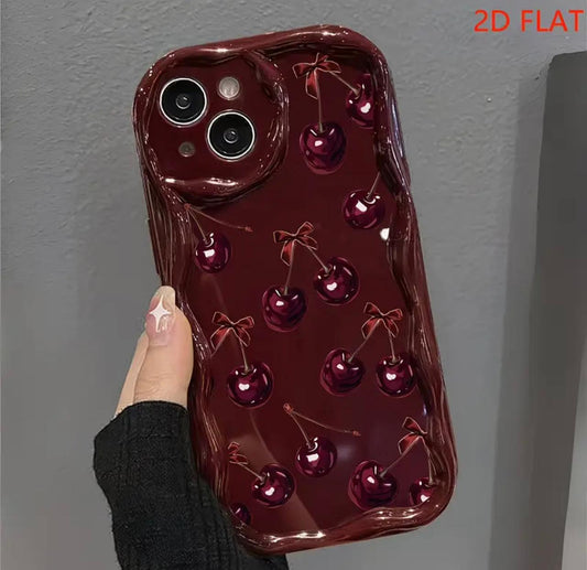 2D Flat Bow And Cherry Pattern Phone Case Suitable for Iphone Including 17/17Pro/17Promax/ 16/15/14/13/12 Phone Cases/11 Pro Max/Plus Durable Anti-Stain Anti-Fingerprint New Unisex Phone Case Protective Cover Very Suitable As New Year Gi