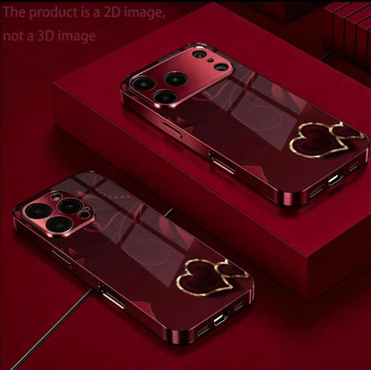 Phone Case - [2D] Heart Pattern Electroplated Wine Red New Mobile Phone Case Glass Protective Cover Suitable for Iphone 1717 Pro17 Air17 Pro Max1616 Pro16 Plus16 Pro Max1515 Pro15 Pro Max1414 Pro14 PLUS14 Pro Max1313 Pro13 Pro Max1211 Beautiful High