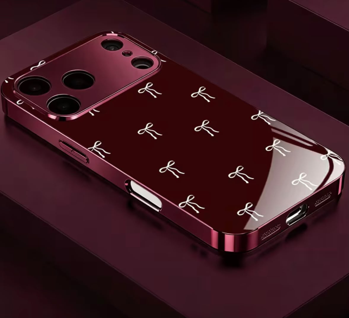 Phone Case: Wine Red and White Bow Electroplated Wine Red New Phone Case Glass Protective Cover, Suitable for iPhone 17/17 Pro/17 Air/17 Pro Max/16/16 Pro/16 Plus/16 Pro Max/15/15 Pro/15 Pro Max/14/14 Pro/14 PLUS/14 Pro Max/ 13/13 Pro/13 Pro Max