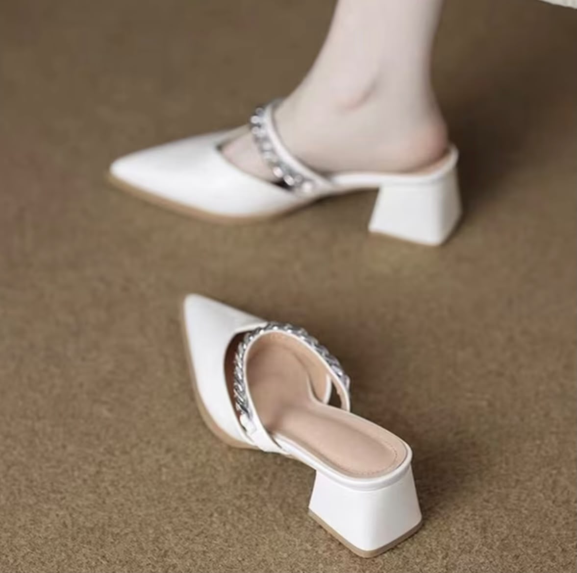 Pointed-Toe Chain Chunky Heel Half-Slip Vintage Outdoor Women's High-Heel Mule Slippers, Women Shoes