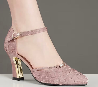 Women's Hollow Pointed-Toe Ankle Strap Chunky Heel Sandals, Women Shoes