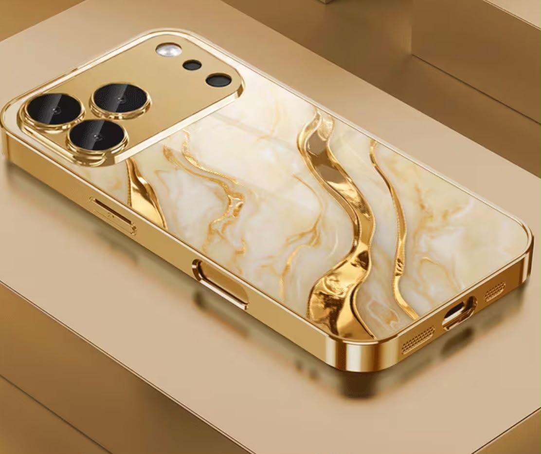 Phone Case: Golden Marble Wave Design Pattern Electroplated Glass Phone Case, Compatible with iPhone 17/17 Pro Max/17 Air/ 16 Pro Max/15/14 Plus/13 Pro/12/11 Pro Max, Full Coverage, Fashionable and Luxurious, High-Appearance Protective Case
