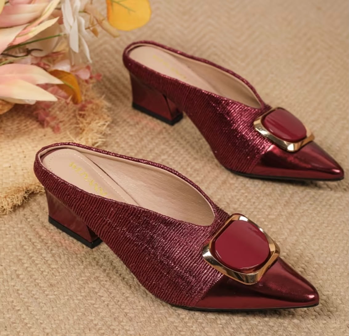 Women's Pointed Toe Block Heel Mules Metallic Bronze Slip On Backless Heeled Sandals with Buckle Decor, Office Wear Pointed Toe Block Heel Mules Metallic Bronze Comfortable Slip On Work Heels, Women Shoes