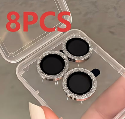 8pcs Glitter Lens Protectors Suitable for Iphone 17 Pro Max/16 Pro/15 Pro/14 Pro/ 13/12/11 Series, with Tempered Glass Film, Phone Additions, Glitter Design, Fashionable And Aesthetic