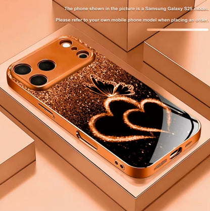 Phone Case: New Matte Electroplated Orange Glass Case with Heart and Butterfly Patterns, Fits iPhone 11-17 Pro/Pro Max/ Plus. Stylish Minimalist Design for Men and Women, an Ideal Gift for iPhone Users.