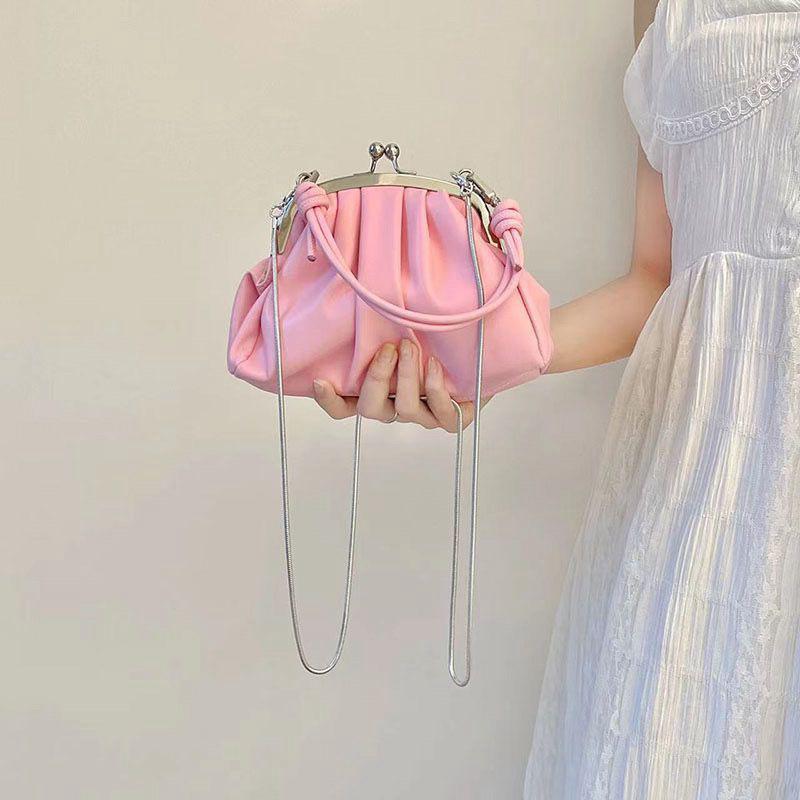 Folds Dumpling Shape Handbag In Artificial Leather With Chain Strap, Perfect For Spring & Summer