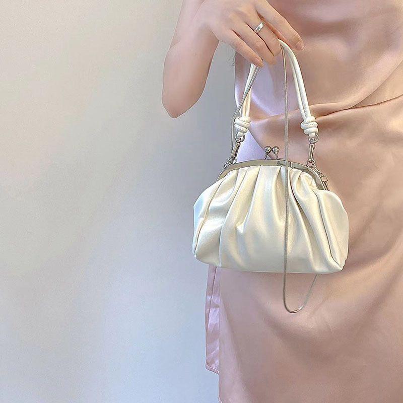 Folds Dumpling Shape Handbag In Artificial Leather With Chain Strap, Perfect For Spring & Summer