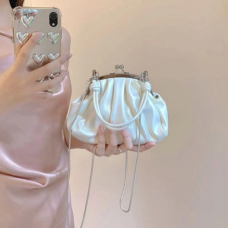 Folds Dumpling Shape Handbag In Artificial Leather With Chain Strap, Perfect For Spring & Summer