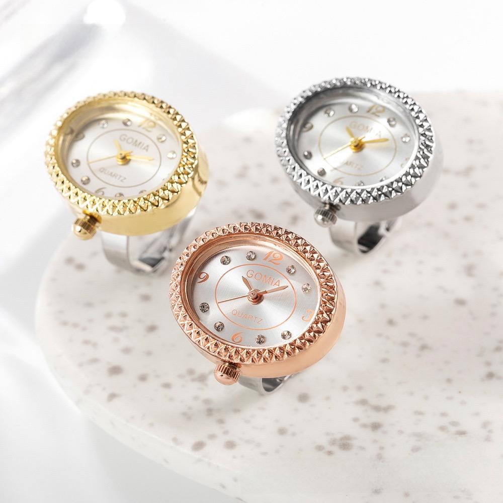 Adjustable Size Ring Watch Gomia Fashion Quartz Oval Dial With Rhinestones Unisex Plastic Mirror Black Rose Gold Silver