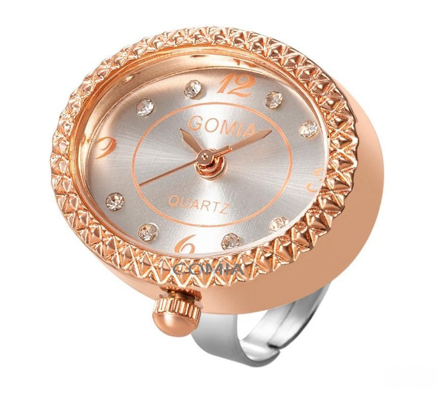Adjustable Size Ring Watch Gomia Fashion Quartz Oval Dial With Rhinestones Unisex Plastic Mirror Black Rose Gold Silver