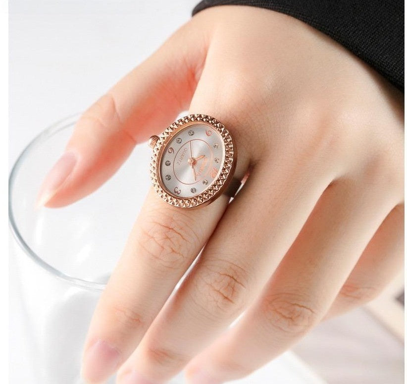 Adjustable Size Ring Watch Gomia Fashion Quartz Oval Dial With Rhinestones Unisex Plastic Mirror Black Rose Gold Silver