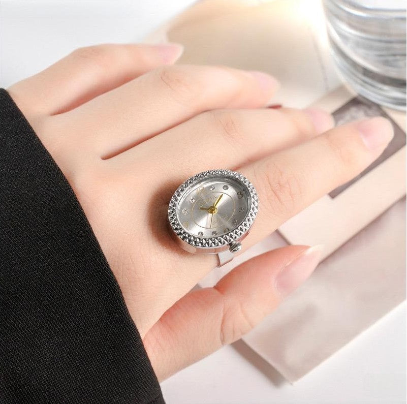 Adjustable Size Ring Watch Gomia Fashion Quartz Oval Dial With Rhinestones Unisex Plastic Mirror Black Rose Gold Silver