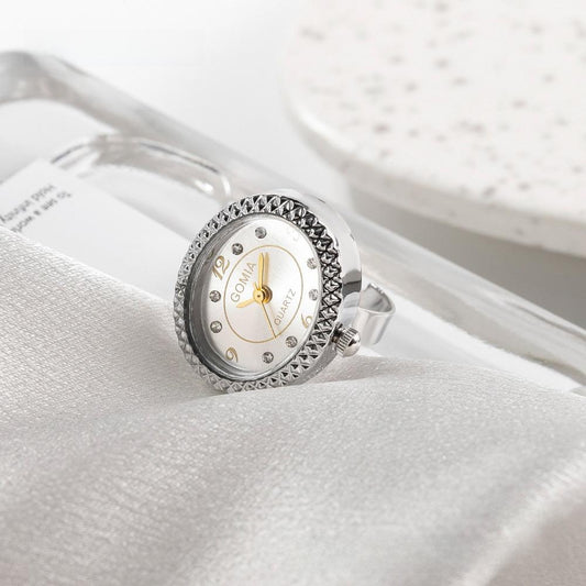 Adjustable Size Ring Watch Gomia Fashion Quartz Oval Dial With Rhinestones Unisex Plastic Mirror Black Rose Gold Silver