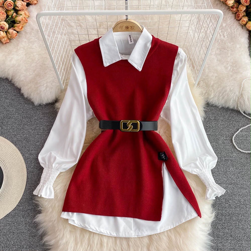 Elegant Women's Color Block Vest Shirt Set In Polyester With Shirt Collar And Long Sleeves For Casual Wear