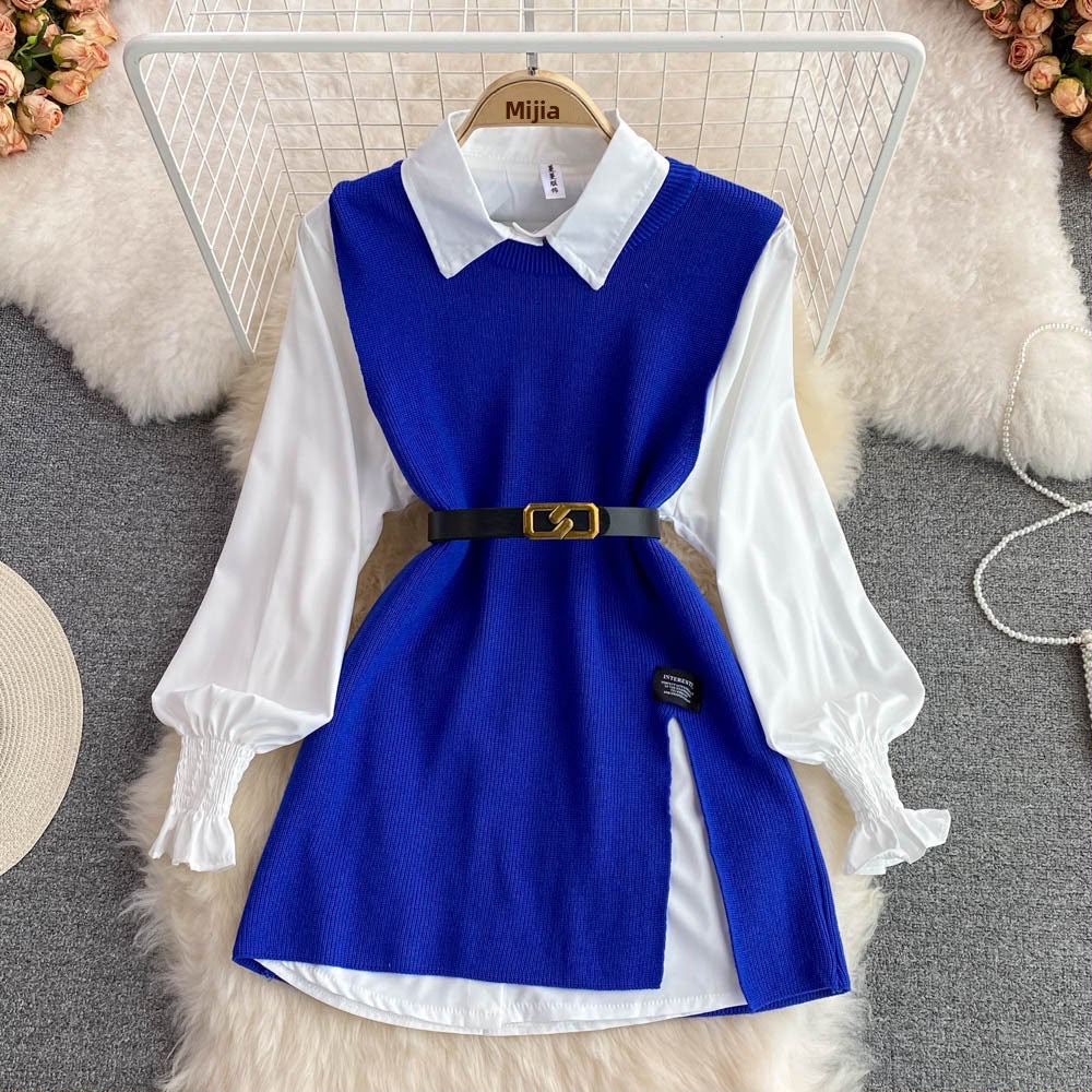 Elegant Women's Color Block Vest Shirt Set In Polyester With Shirt Collar And Long Sleeves For Casual Wear