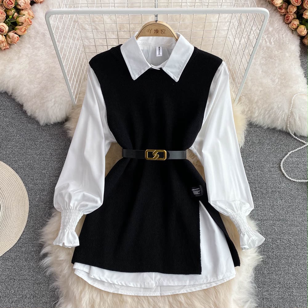 Elegant Women's Color Block Vest Shirt Set In Polyester With Shirt Collar And Long Sleeves For Casual Wear