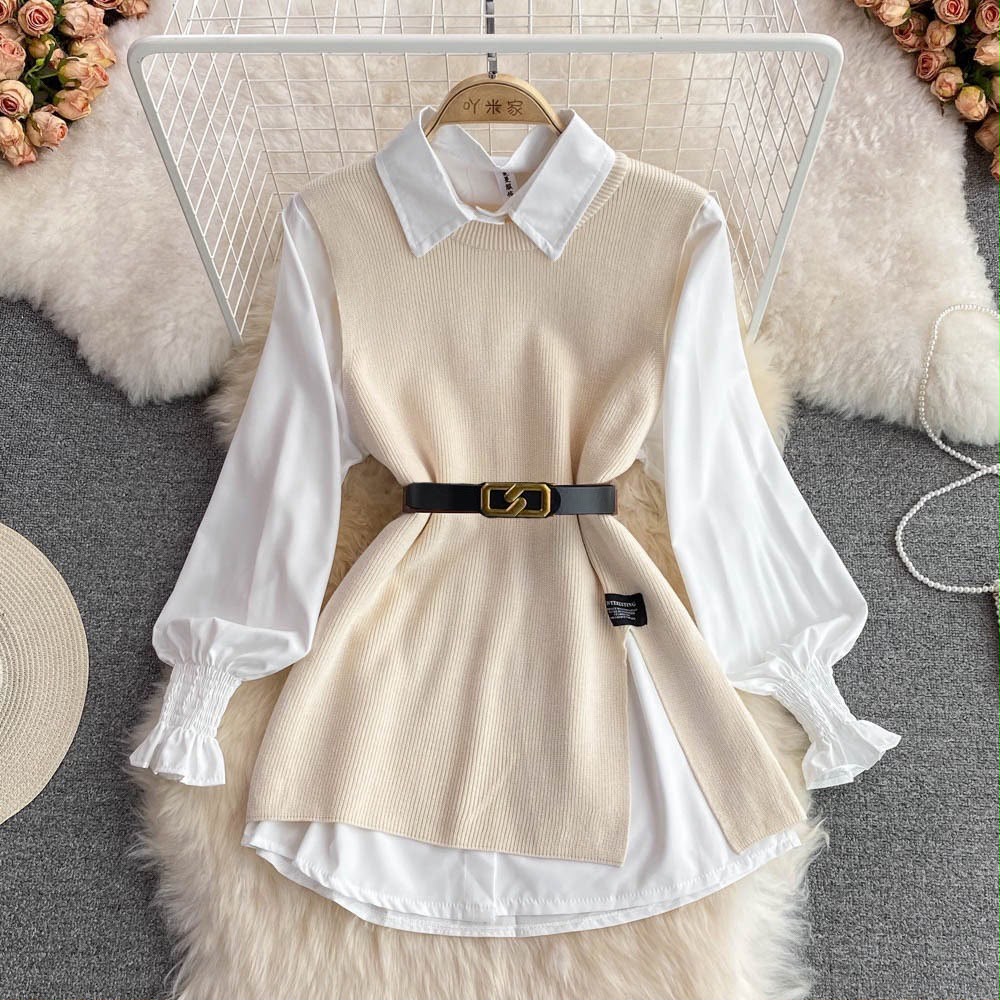 Elegant Women's Color Block Vest Shirt Set In Polyester With Shirt Collar And Long Sleeves For Casual Wear