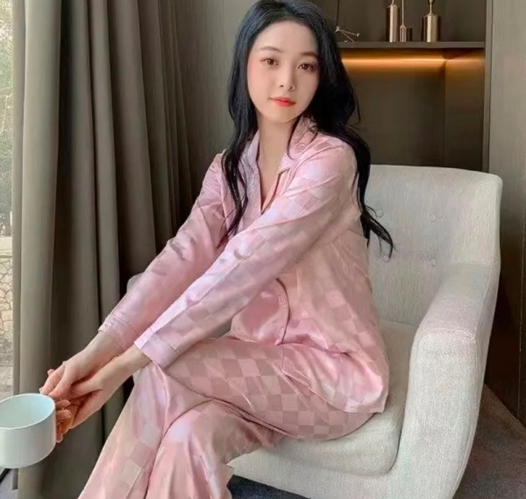 French Style Women's Plaid Pant Co-Ord Set In Imitated Silk, Ideal Pajamas For Spring