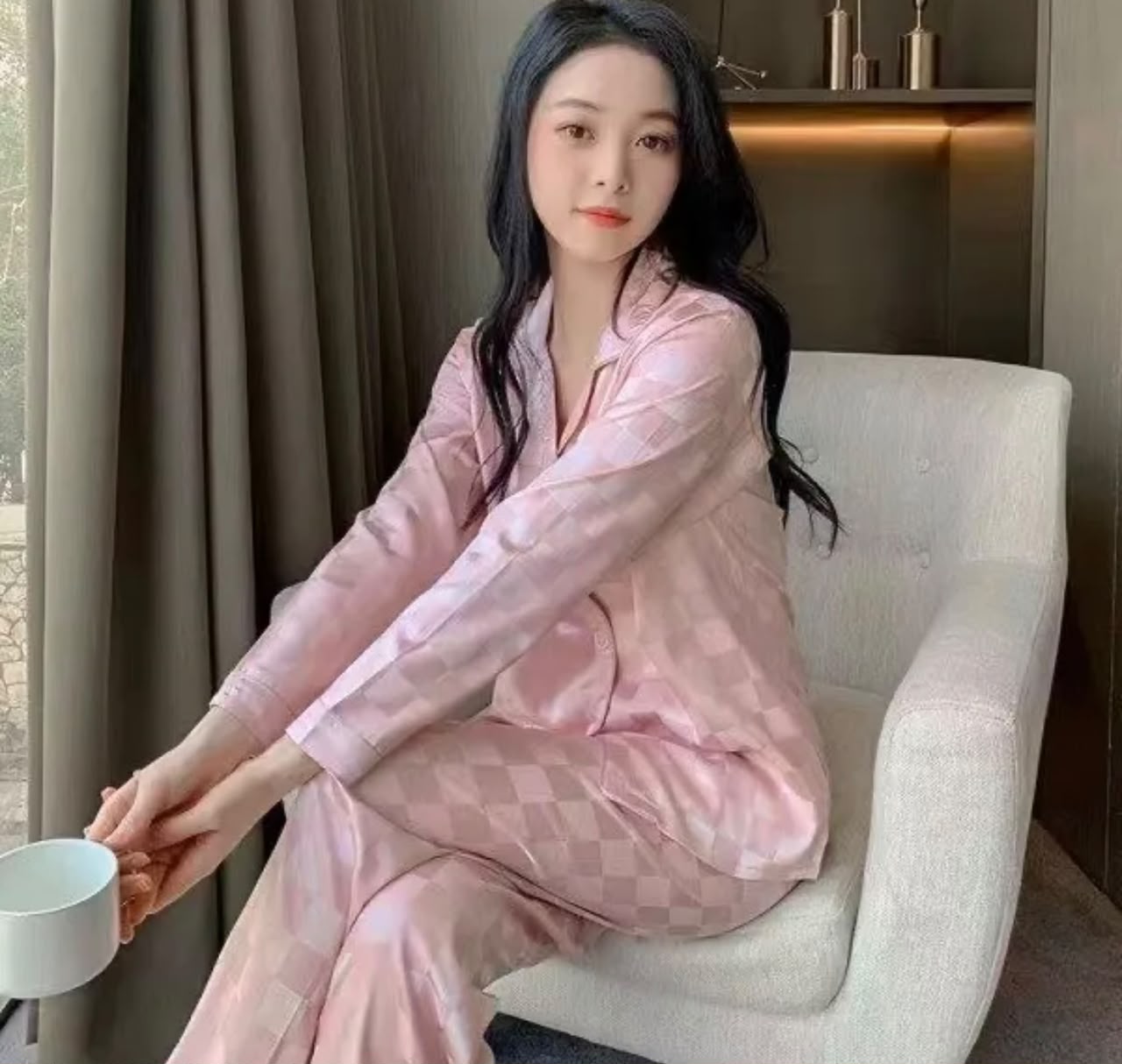 French Style Women's Plaid Pant Co-Ord Set In Imitated Silk, Ideal Pajamas For Spring