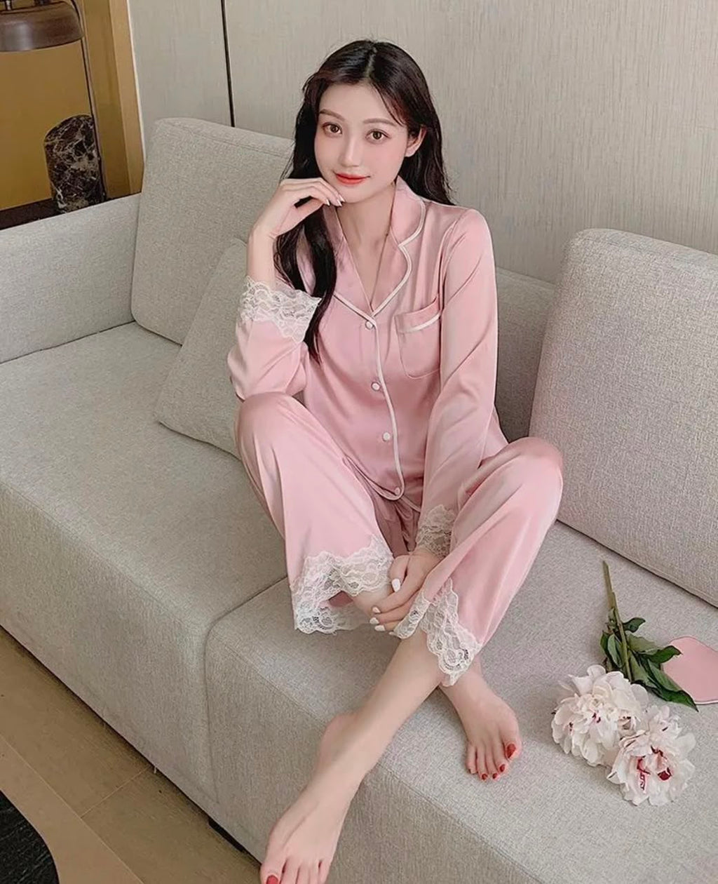 French Style Women's Plaid Pant Co-Ord Set In Imitated Silk, Ideal Pajamas For Spring