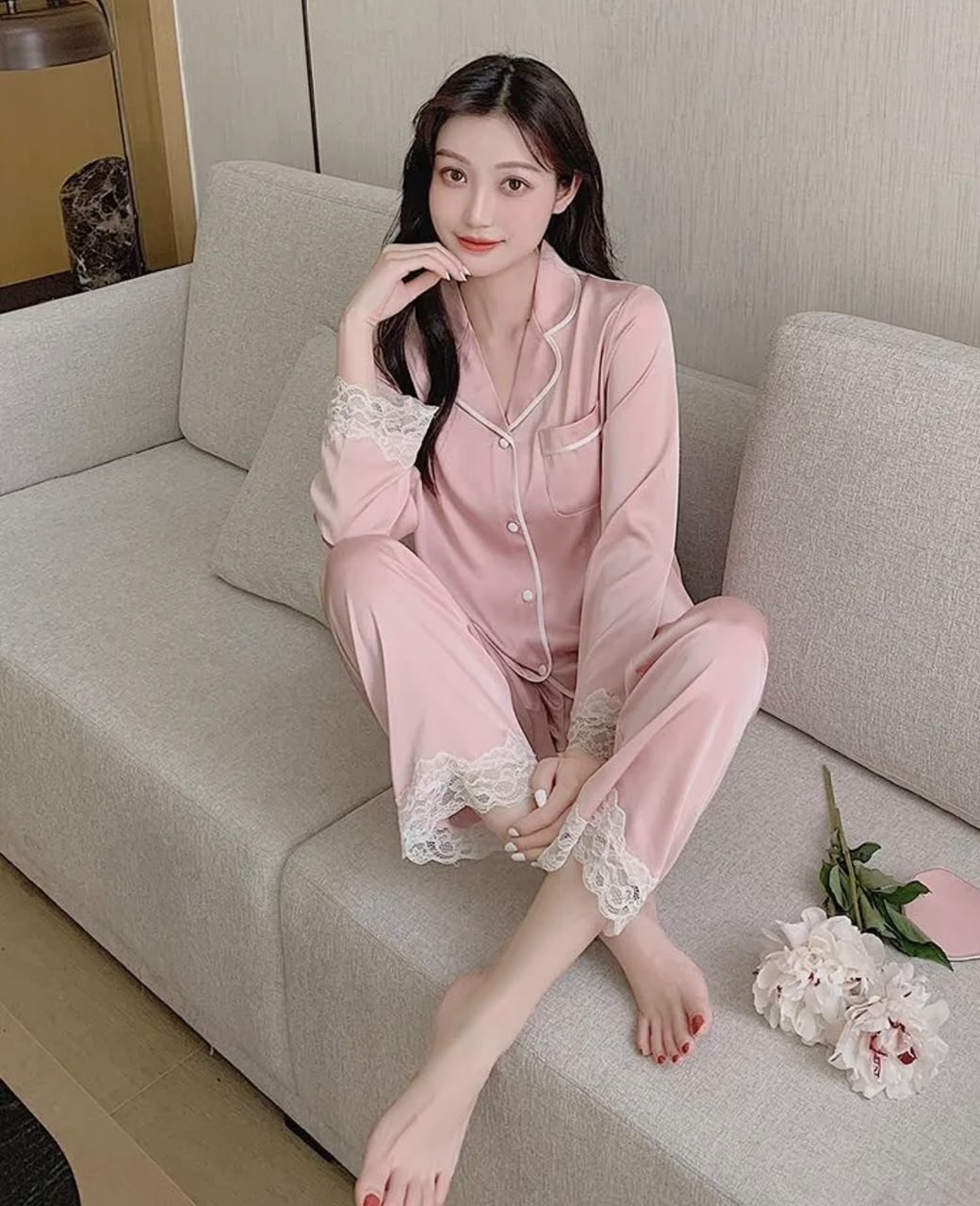 French Style Women's Plaid Pant Co-Ord Set In Imitated Silk, Ideal Pajamas For Spring