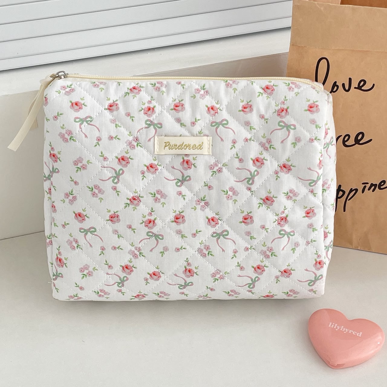 Streetwear Ditsy Floral Bow Knot Quilted Cotton Sewing Thread Square Makeup Bags