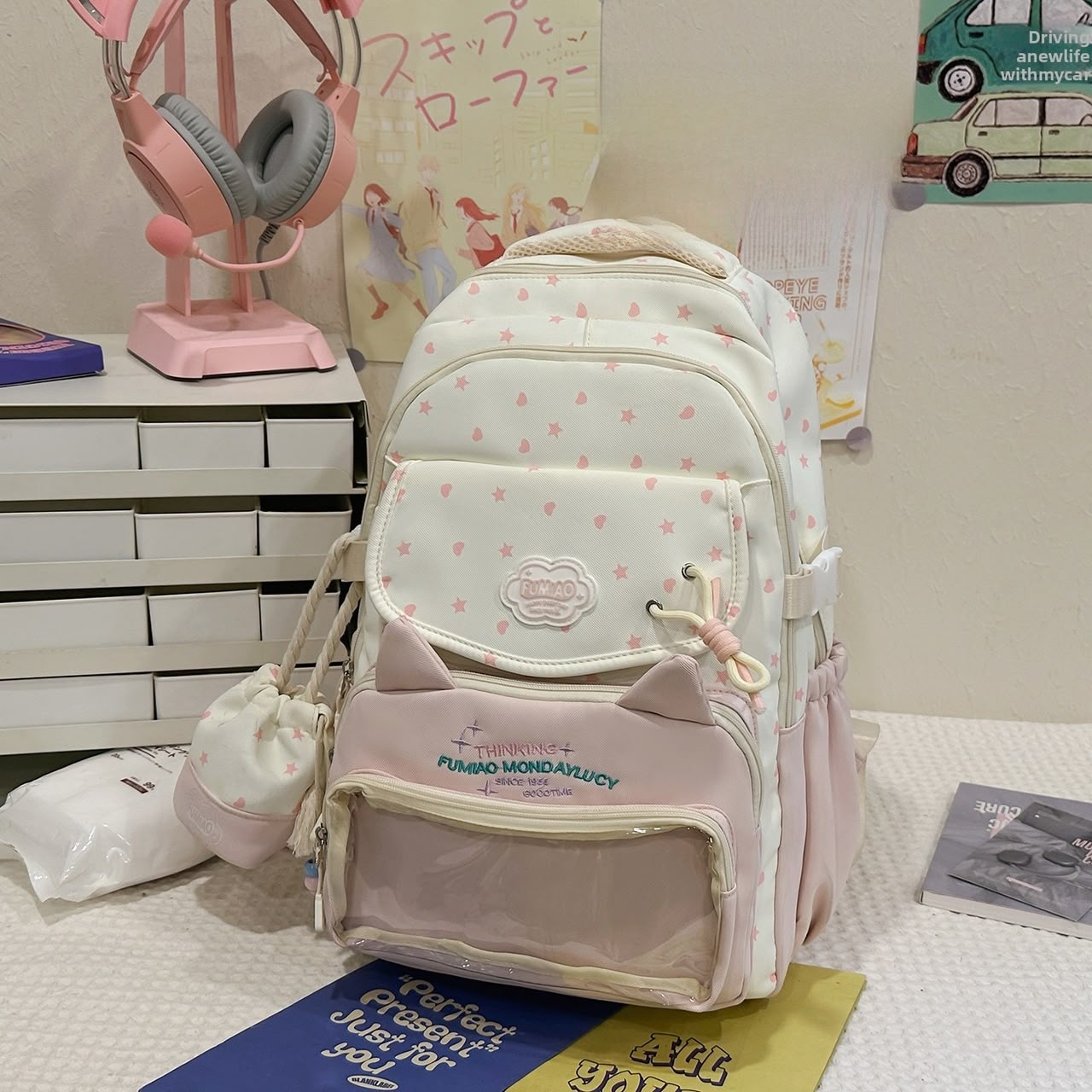 Girl's Nylon School Backpack With Sewing Thread Detail, Lightweight And Suitable For 14 Inch Backpacks