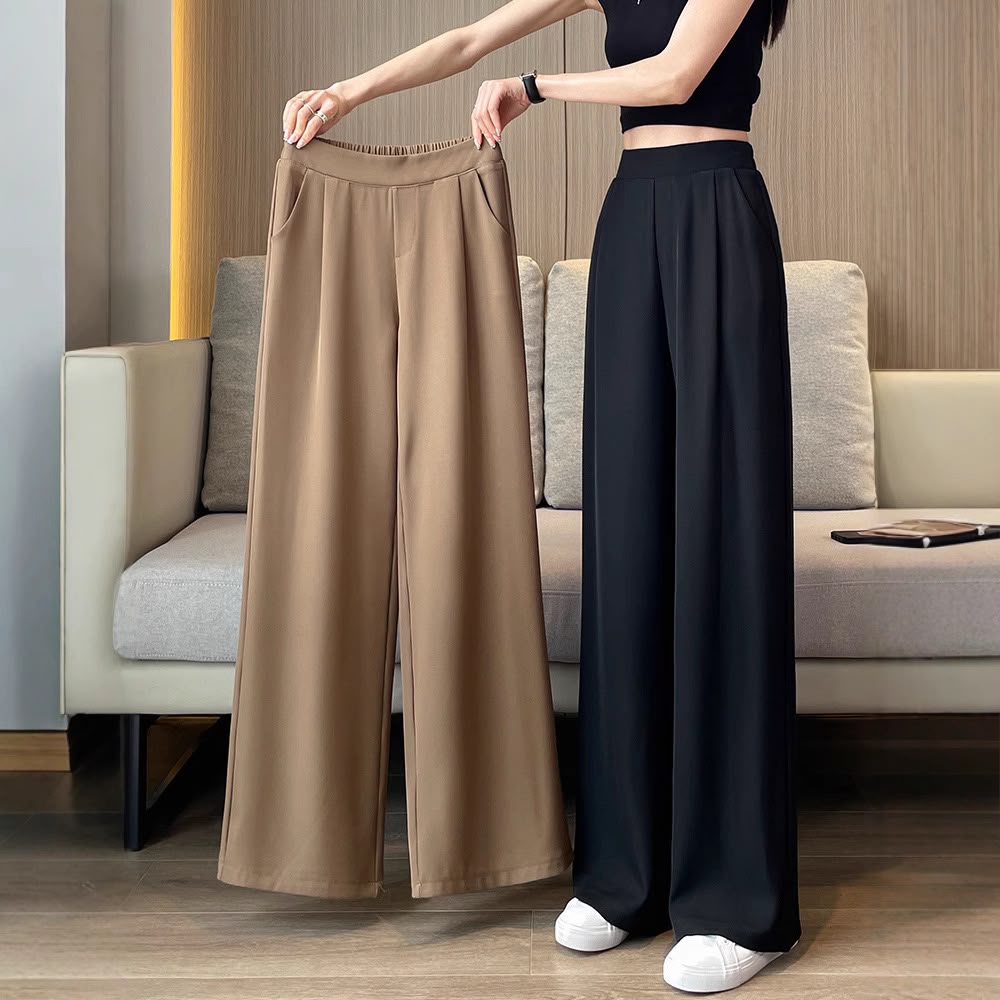 Women's Casual Straight Pants In Polyester Fabric With Micro-Elastic For Elegant Commuting Style