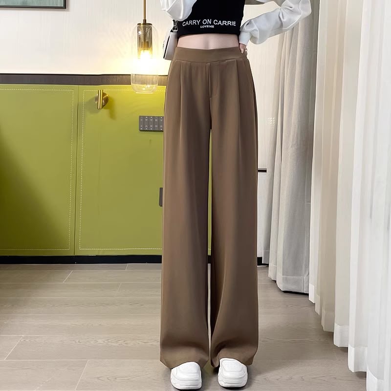 Women's Casual Straight Pants In Polyester Fabric With Micro-Elastic For Elegant Commuting Style