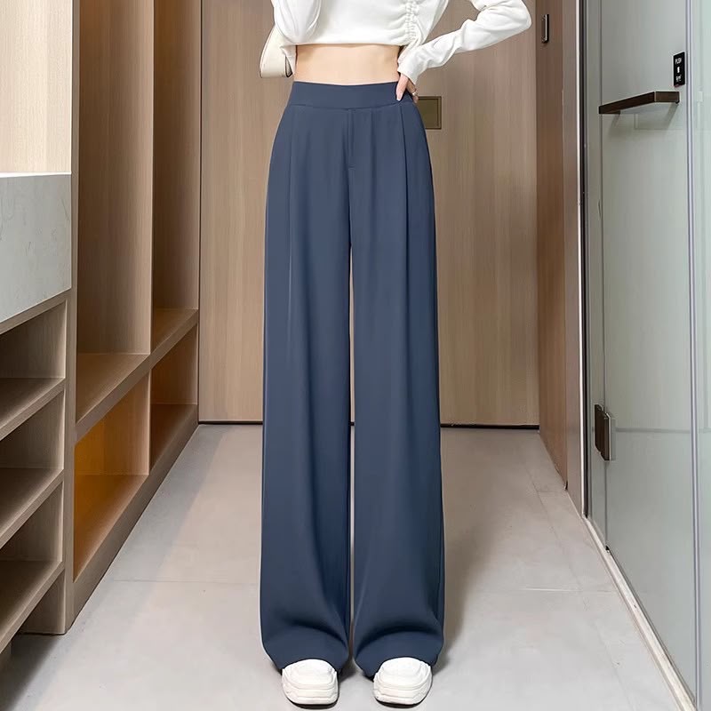 Women's Casual Straight Pants In Polyester Fabric With Micro-Elastic For Elegant Commuting Style