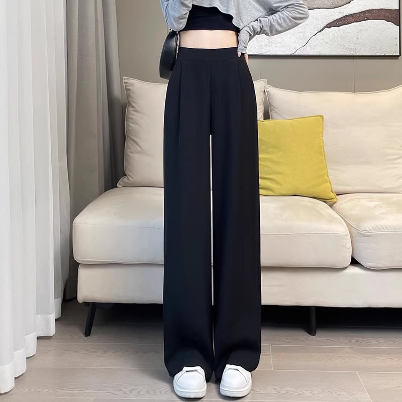 Women's Casual Straight Pants In Polyester Fabric With Micro-Elastic For Elegant Commuting Style