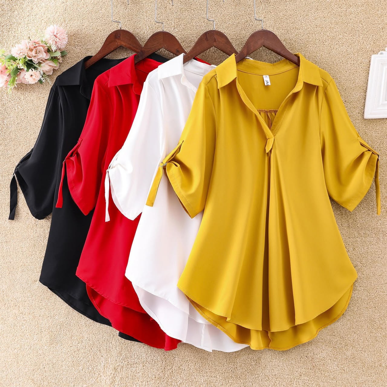 Solid Color Short Sleeve Blended Fabric Women's Shirt With Lapel Collar And Pullover Design, Elegant Workwear Style