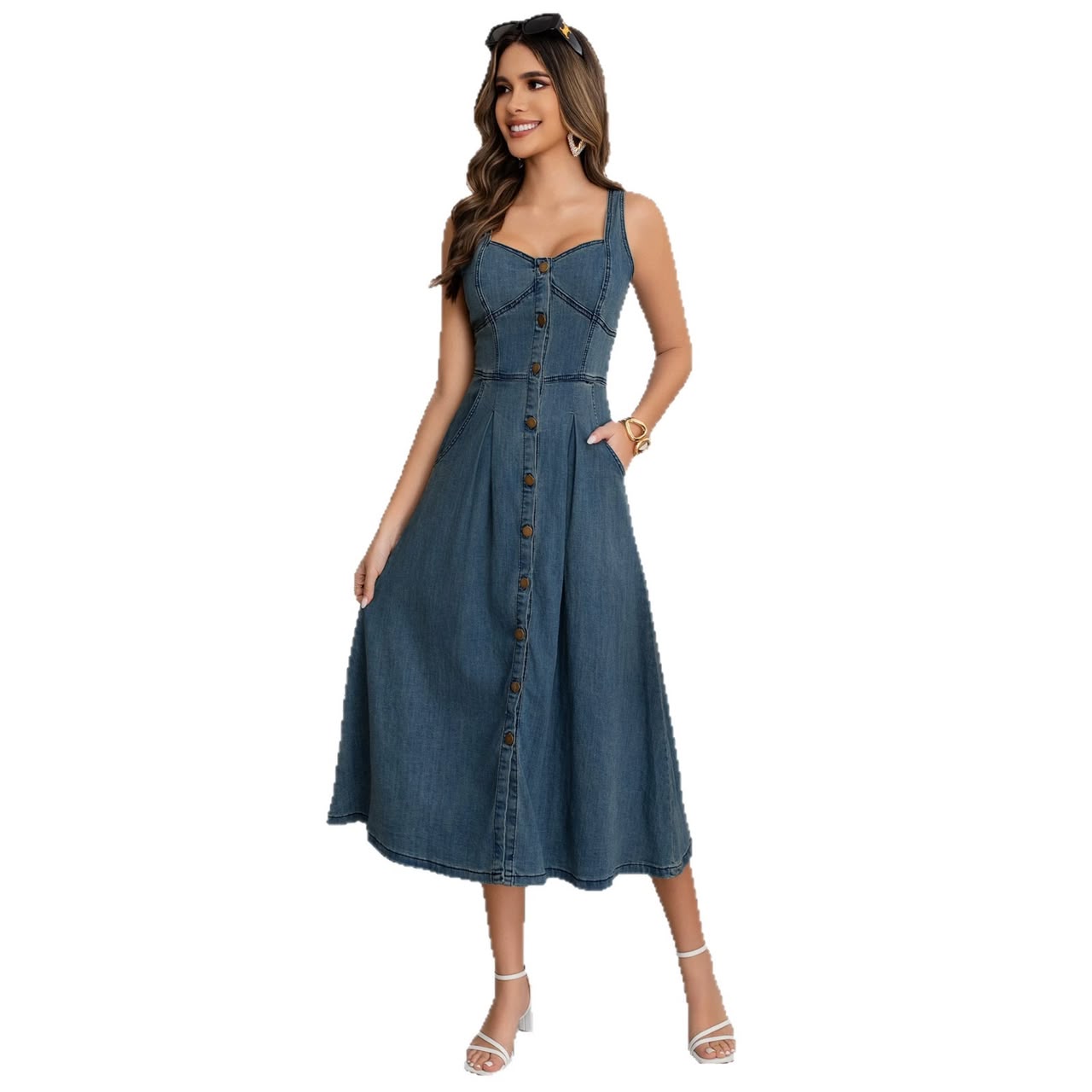 Sexy Solid Color Denim Dress With Strap Neckline And Sleeveless Design For Business Occasions