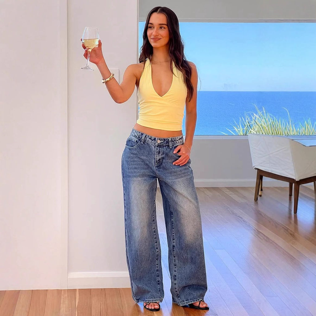 Vintage Style Heart Shape Wide Leg Full Length Pants For Women In Washed Denim Cotton Fabric