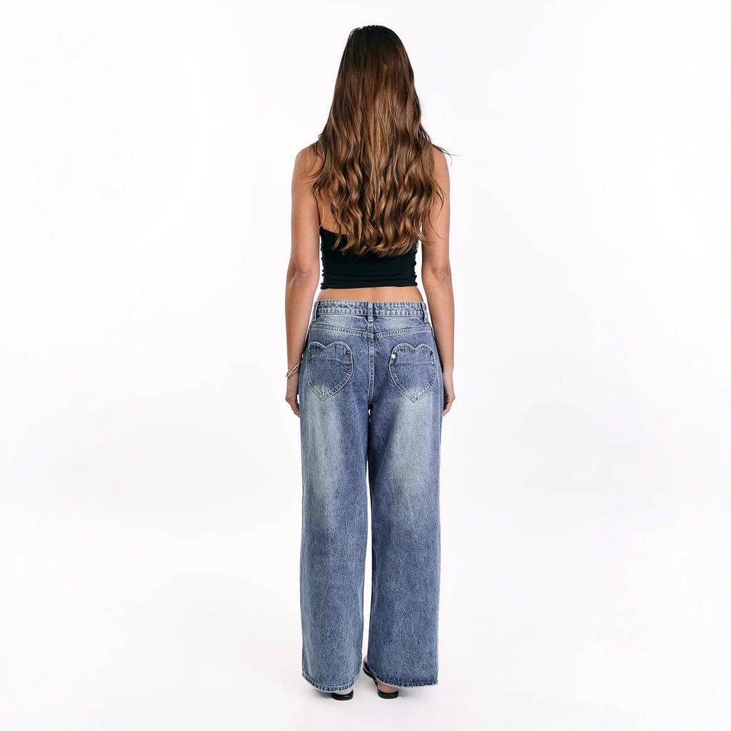 Vintage Style Heart Shape Wide Leg Full Length Pants For Women In Washed Denim Cotton Fabric