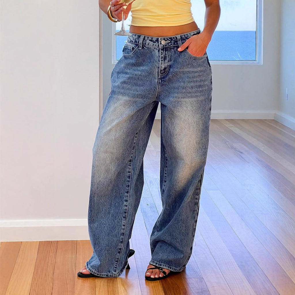 Vintage Style Heart Shape Wide Leg Full Length Pants For Women In Washed Denim Cotton Fabric