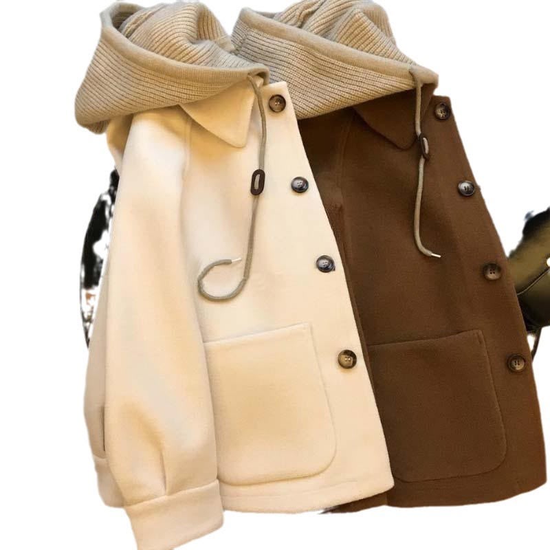 Solid Color Polyester Plus Size Woolen Coat With Hooded Single Breasted Design In Korean And Japanese Casual Style