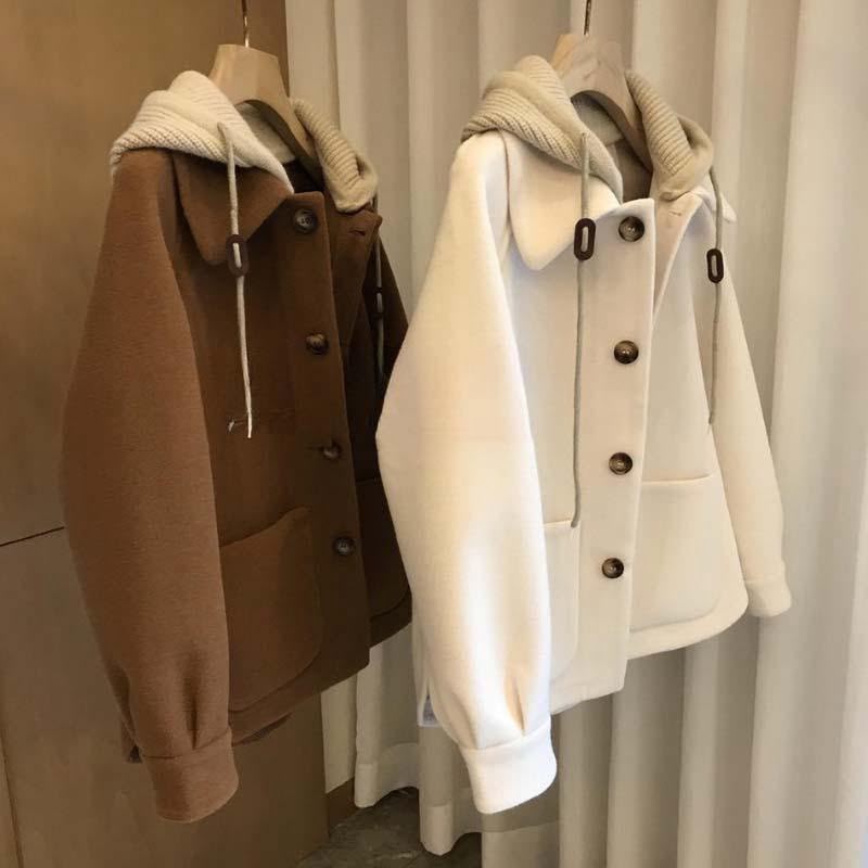 Solid Color Polyester Plus Size Woolen Coat With Hooded Single Breasted Design In Korean And Japanese Casual Style