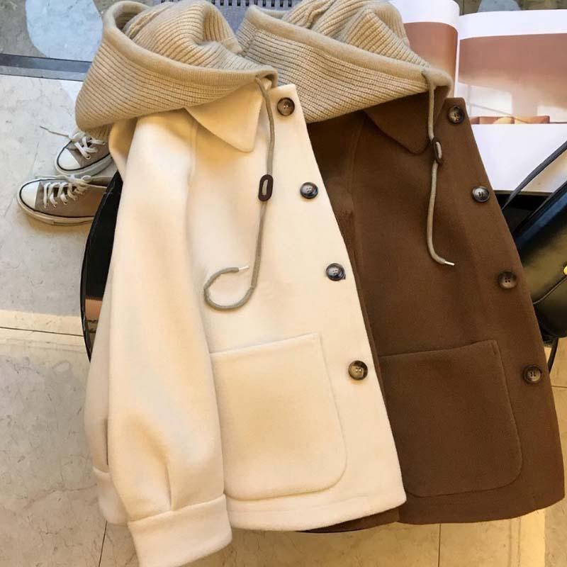 Solid Color Polyester Plus Size Woolen Coat With Hooded Single Breasted Design In Korean And Japanese Casual Style