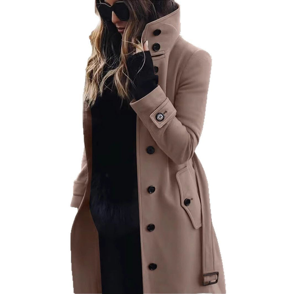 Women's Solid Color Woolen Coat In Polyester Fabric With Single Breasted Button Closure, Casual Style