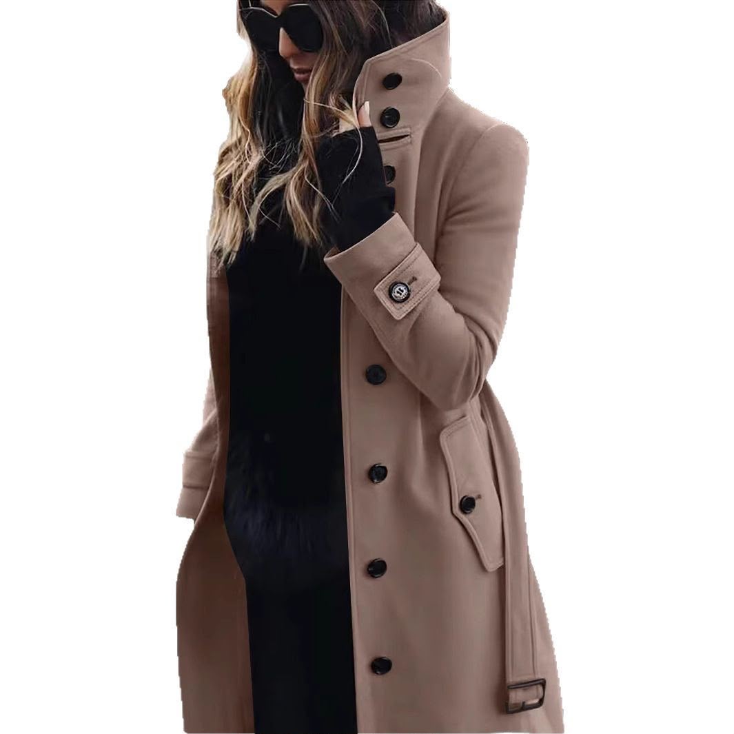 Women's Solid Color Woolen Coat In Polyester Fabric With Single Breasted Button Closure, Casual Style